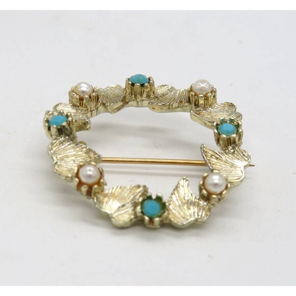 Vintage Leaf Brooch 1" Round Gold Tone Imitation Pearls Turquoise Accents - Picture 7 of 13